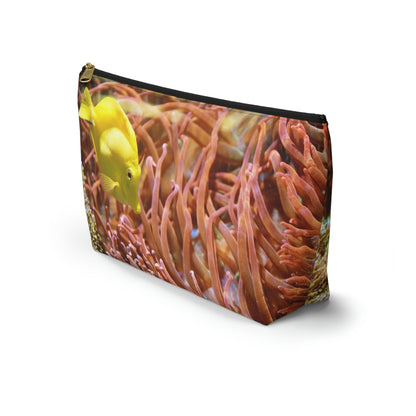 Front view of the kit bag with yellow fish design angled to showcase the depth and all over print design.