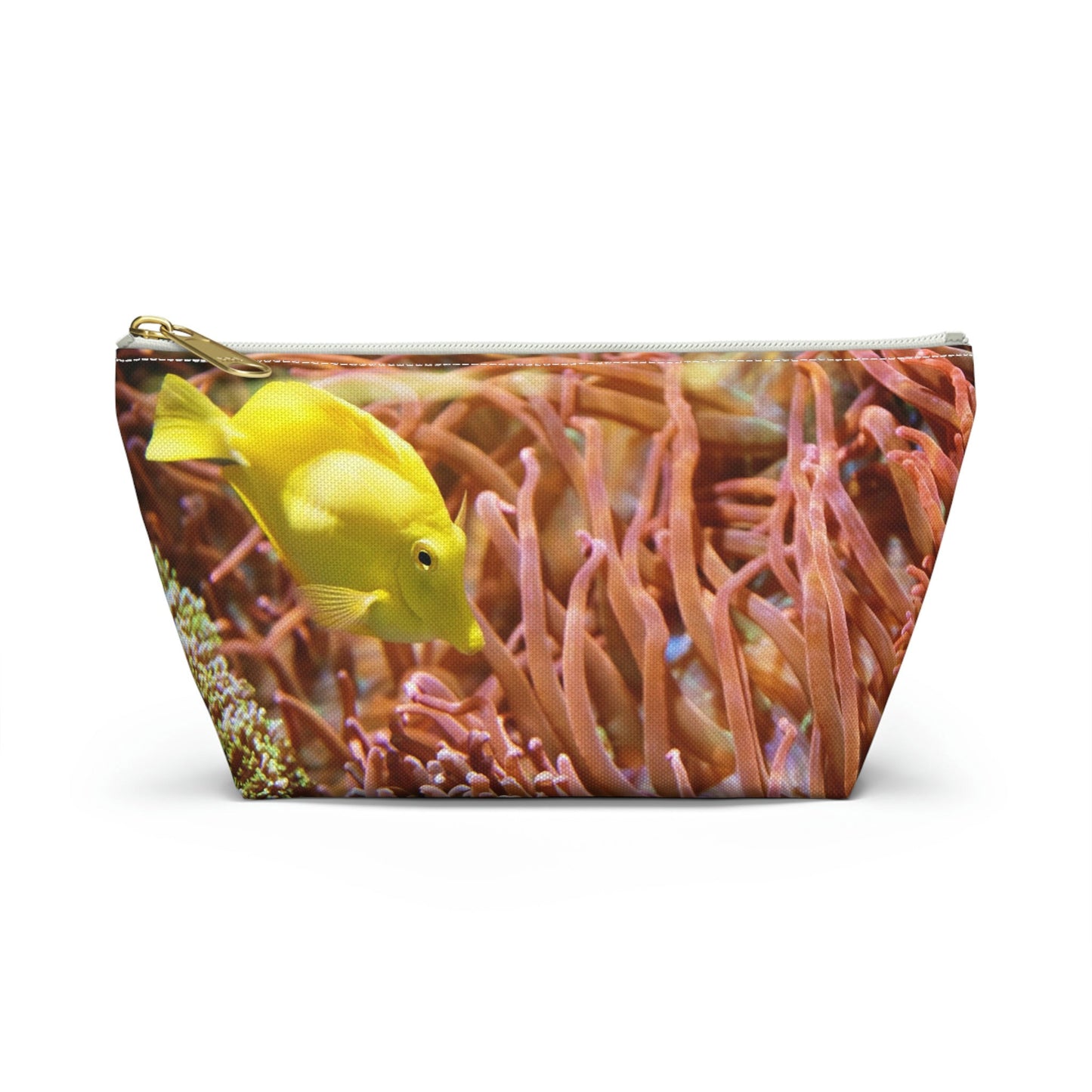 Front view of the small 8.75 x 4.75 x 2.25 inch kit bag with yellow fish design and white zipper.