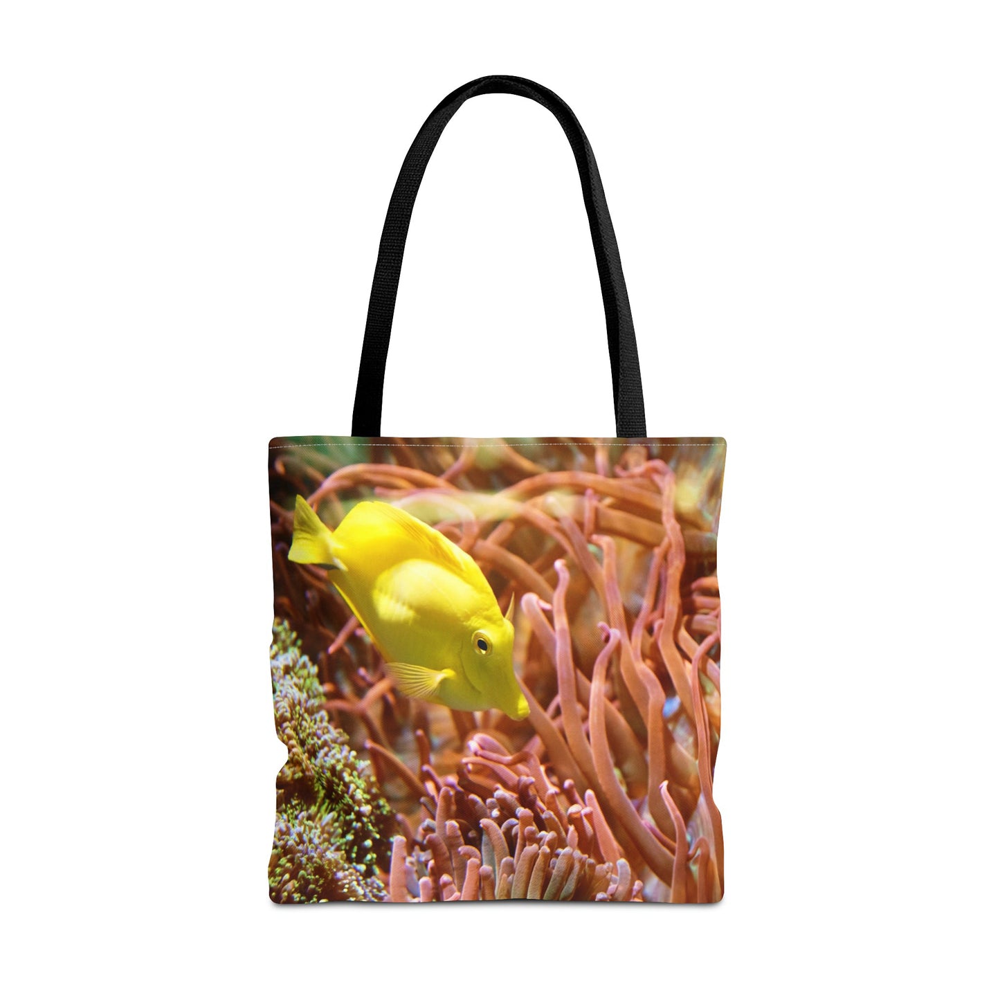 Large 18 x 18 inch tote bag featuring vibrant photo art of a bright yellow fish swimming among sea anemones and plants.