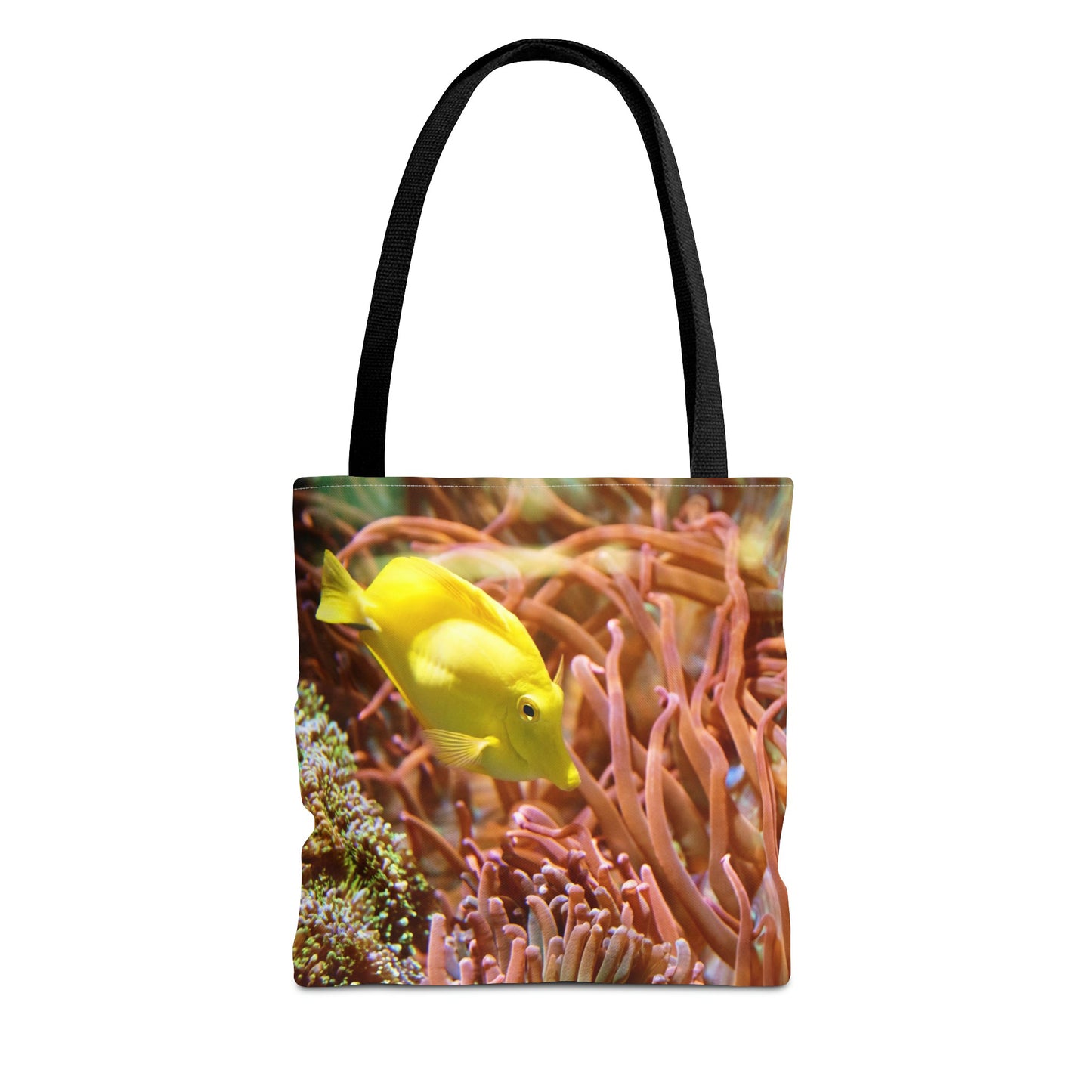 Front view of the small 13 x 13 inch tote bag with yellow fish design.